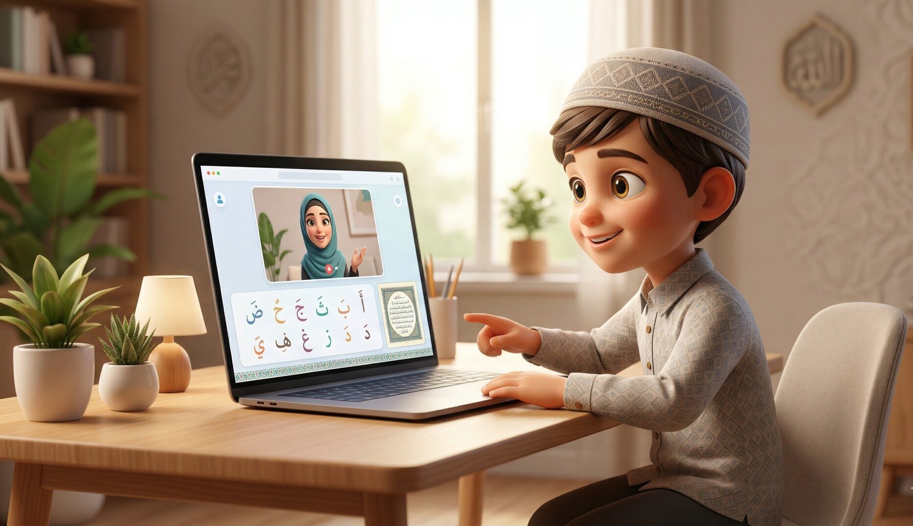 Enfant apprenant le Coran en ligne avec joie