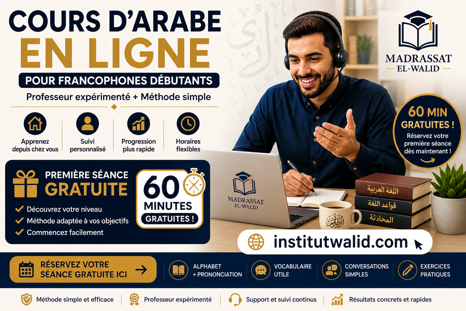 Cours d’arabe en ligne pour francophones débutants (méthode simple + professeur)